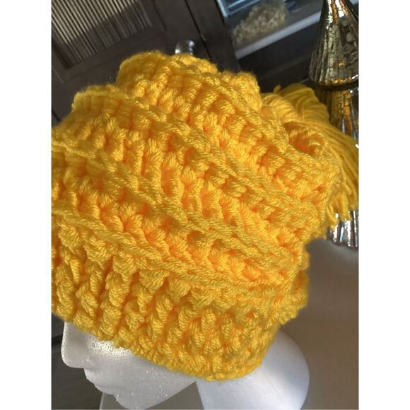 Crochet Sunny Yellow Tassel Beanie Hat/Cap